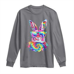 Colorful Tie Dye Bunny with Sunglasses Long Sleeve Shirt Cool Easter Rabbit Retro Hippie Vibe Graphic Gift TS02 Charcoal Print Your Wear