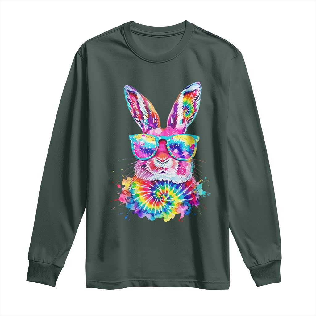 Colorful Tie Dye Bunny with Sunglasses Long Sleeve Shirt Cool Easter Rabbit Retro Hippie Vibe Graphic Gift TS02 Dark Forest Green Print Your Wear