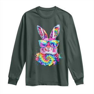 Colorful Tie Dye Bunny with Sunglasses Long Sleeve Shirt Cool Easter Rabbit Retro Hippie Vibe Graphic Gift TS02 Dark Forest Green Print Your Wear
