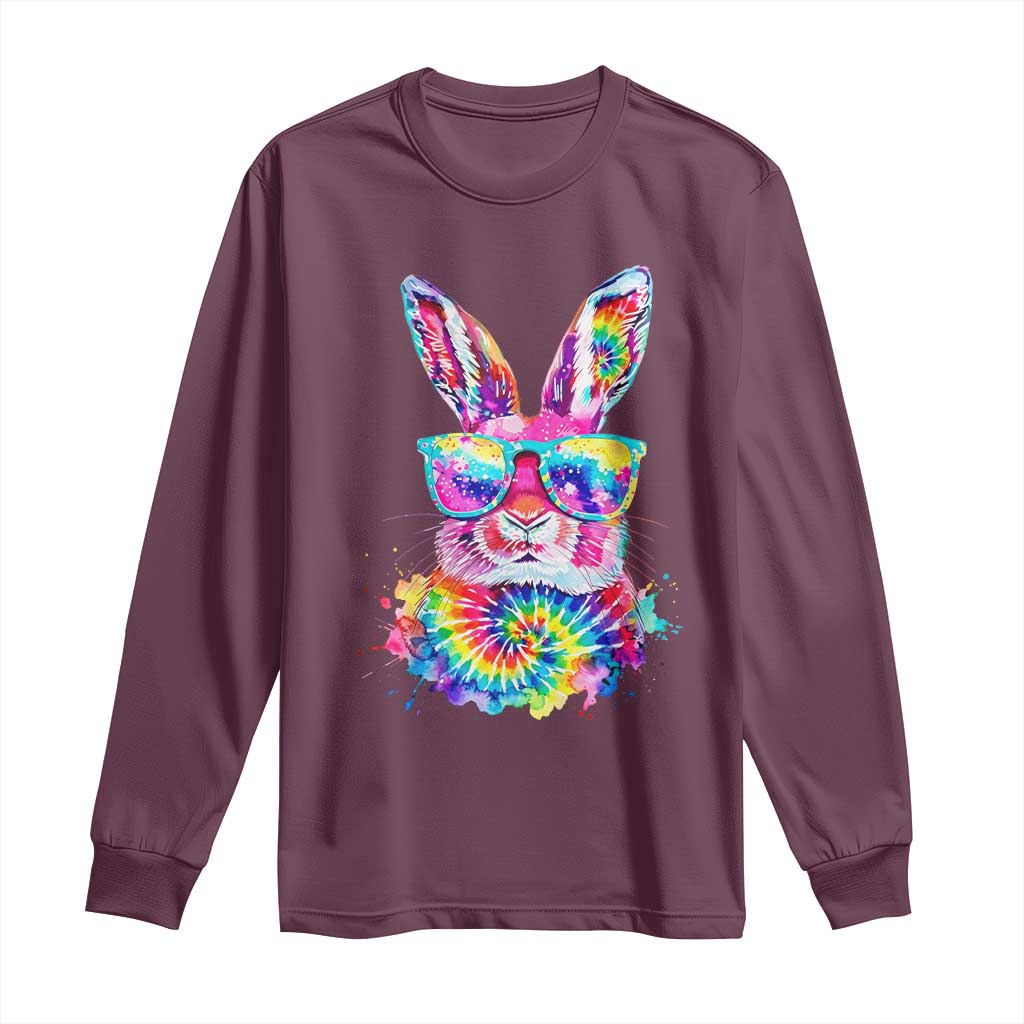 Colorful Tie Dye Bunny with Sunglasses Long Sleeve Shirt Cool Easter Rabbit Retro Hippie Vibe Graphic Gift TS02 Maroon Print Your Wear