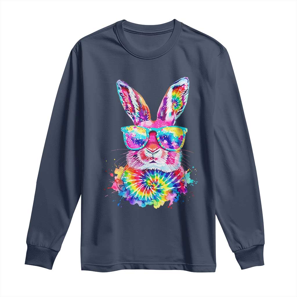 Colorful Tie Dye Bunny with Sunglasses Long Sleeve Shirt Cool Easter Rabbit Retro Hippie Vibe Graphic Gift TS02 Navy Print Your Wear