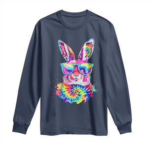 Colorful Tie Dye Bunny with Sunglasses Long Sleeve Shirt Cool Easter Rabbit Retro Hippie Vibe Graphic Gift TS02 Navy Print Your Wear
