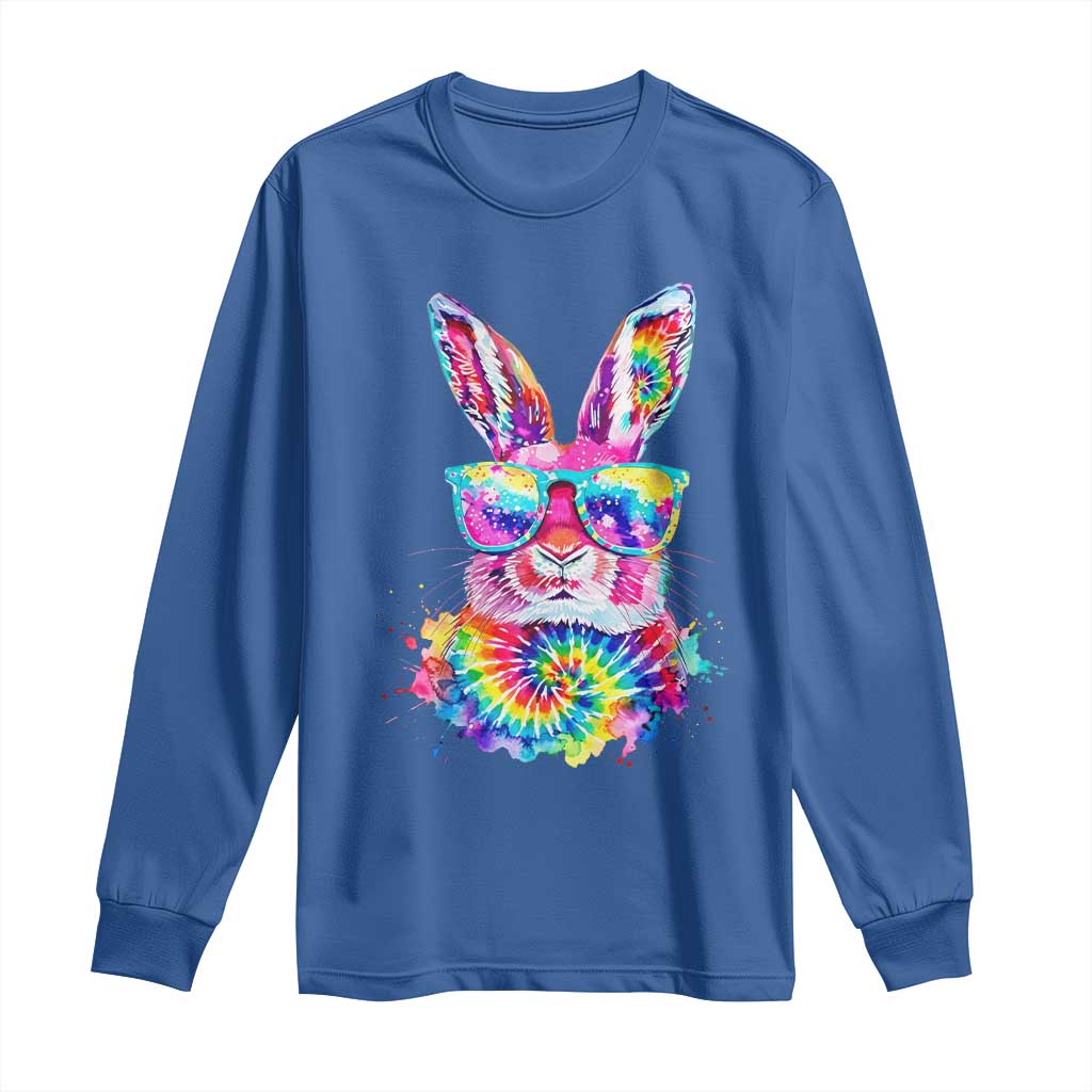 Colorful Tie Dye Bunny with Sunglasses Long Sleeve Shirt Cool Easter Rabbit Retro Hippie Vibe Graphic Gift TS02 Royal Blue Print Your Wear
