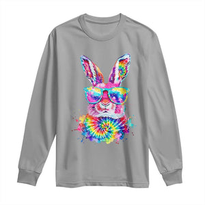 Colorful Tie Dye Bunny with Sunglasses Long Sleeve Shirt Cool Easter Rabbit Retro Hippie Vibe Graphic Gift TS02 Sport Gray Print Your Wear