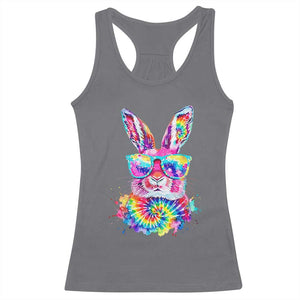 Colorful Tie Dye Bunny with Sunglasses Racerback Tank Top Cool Easter Rabbit Retro Hippie Vibe Graphic Gift TS02 Charcoal Print Your Wear