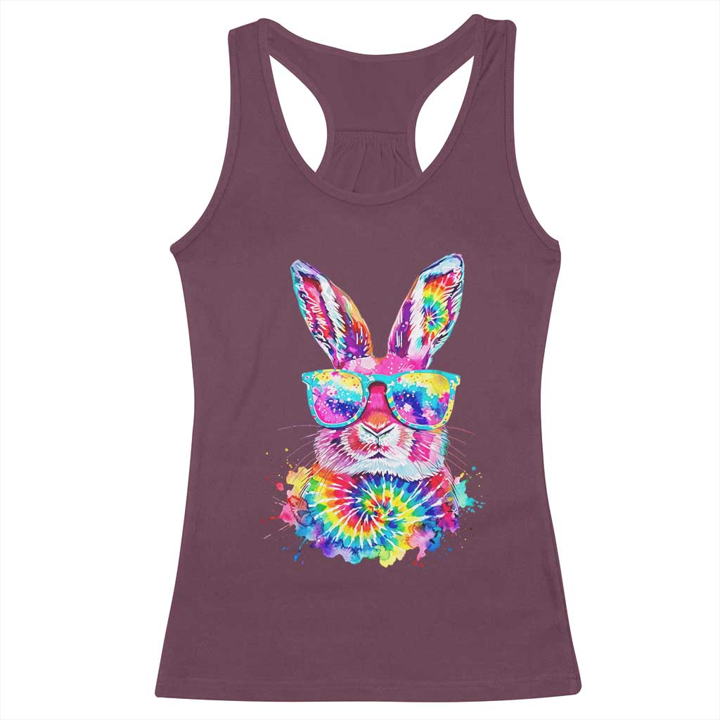 Colorful Tie Dye Bunny with Sunglasses Racerback Tank Top Cool Easter Rabbit Retro Hippie Vibe Graphic Gift TS02 Maroon Print Your Wear