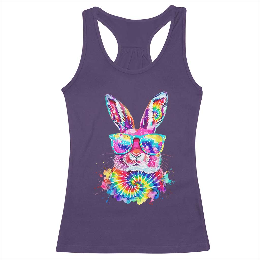 Colorful Tie Dye Bunny with Sunglasses Racerback Tank Top Cool Easter Rabbit Retro Hippie Vibe Graphic Gift TS02 Purple Print Your Wear