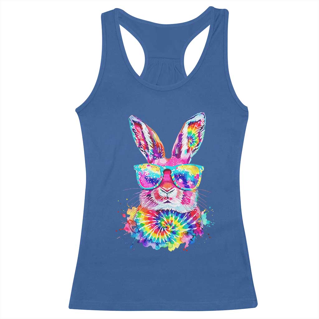 Colorful Tie Dye Bunny with Sunglasses Racerback Tank Top Cool Easter Rabbit Retro Hippie Vibe Graphic Gift TS02 Royal Blue Print Your Wear