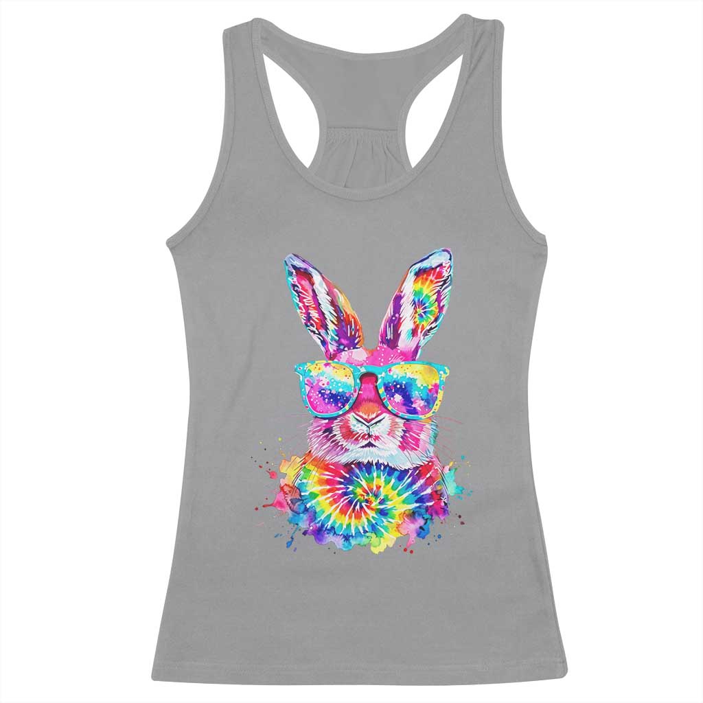 Colorful Tie Dye Bunny with Sunglasses Racerback Tank Top Cool Easter Rabbit Retro Hippie Vibe Graphic Gift TS02 Sport Gray Print Your Wear