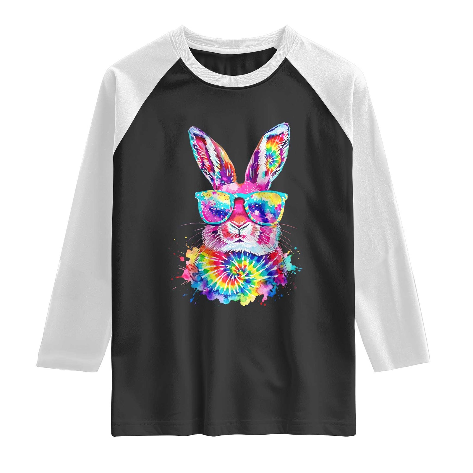 Colorful Tie Dye Bunny with Sunglasses Raglan Shirt Cool Easter Rabbit Retro Hippie Vibe Graphic Gift TS02 Black White Print Your Wear