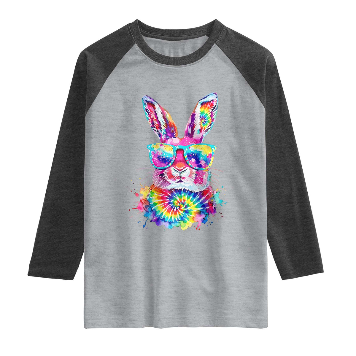 Colorful Tie Dye Bunny with Sunglasses Raglan Shirt Cool Easter Rabbit Retro Hippie Vibe Graphic Gift TS02 Heather Gray Heather Charcoal Print Your Wear
