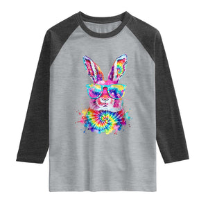 Colorful Tie Dye Bunny with Sunglasses Raglan Shirt Cool Easter Rabbit Retro Hippie Vibe Graphic Gift TS02 Heather Gray Heather Charcoal Print Your Wear