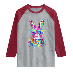 Colorful Tie Dye Bunny with Sunglasses Raglan Shirt Cool Easter Rabbit Retro Hippie Vibe Graphic Gift TS02 Heather Gray Heather Red Print Your Wear