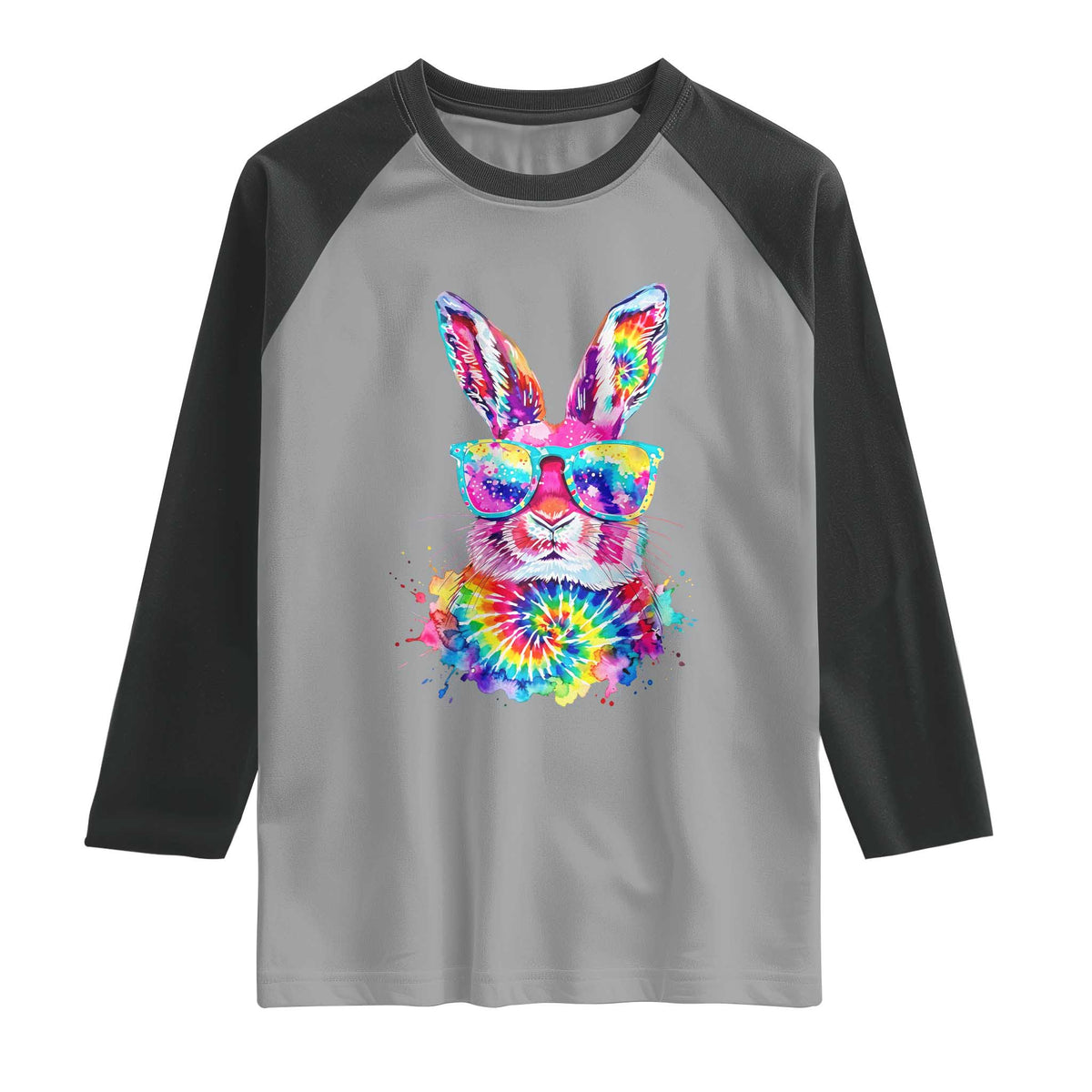 Colorful Tie Dye Bunny with Sunglasses Raglan Shirt Cool Easter Rabbit Retro Hippie Vibe Graphic Gift TS02 Sport Gray Black Print Your Wear