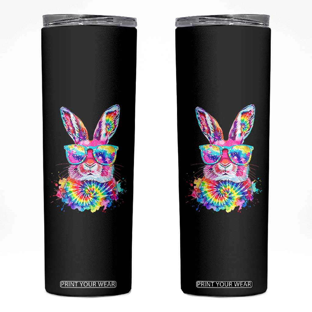 Colorful Tie Dye Bunny with Sunglasses Skinny Tumbler Cool Easter Rabbit Retro Hippie Vibe Graphic Gift TS02 Black Print Your Wear