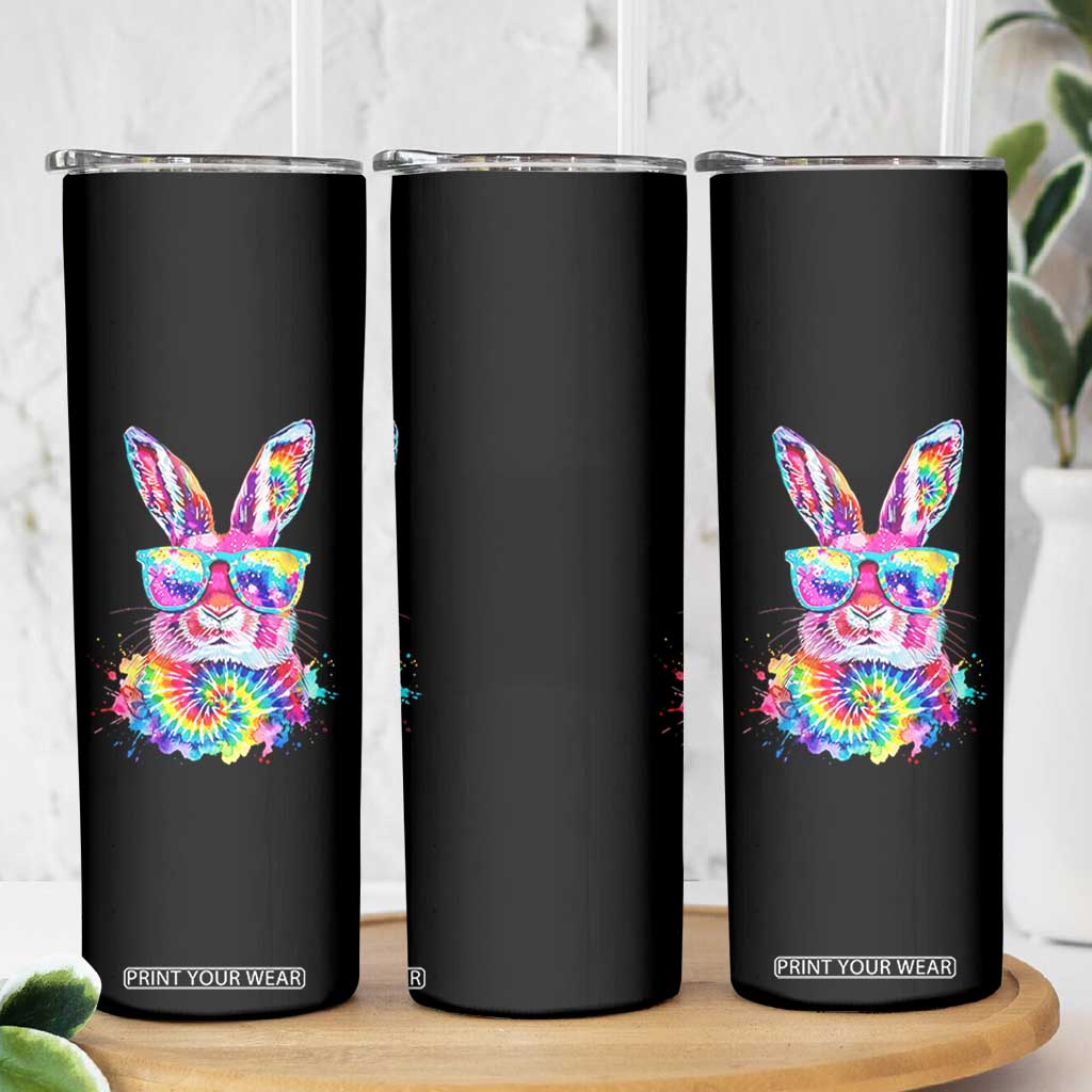 Colorful Tie Dye Bunny with Sunglasses Skinny Tumbler Cool Easter Rabbit Retro Hippie Vibe Graphic Gift TS02 Print Your Wear