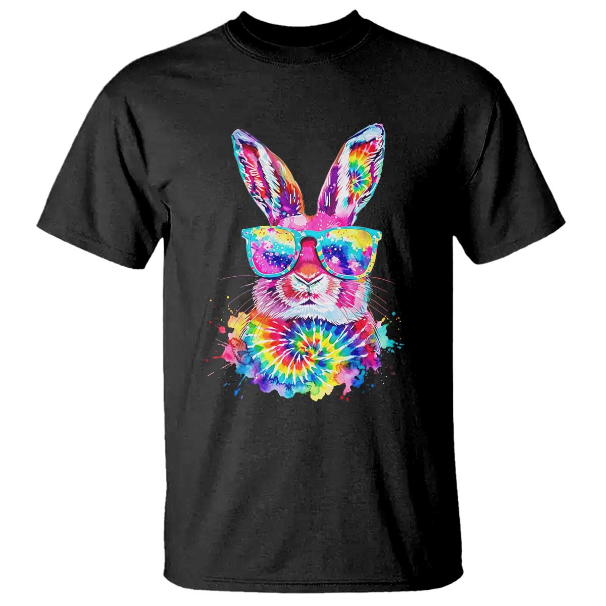 Colorful Tie Dye Bunny with Sunglasses T Shirt Cool Easter Rabbit Retro Hippie Vibe Graphic Gift TS02 Black Print Your Wear