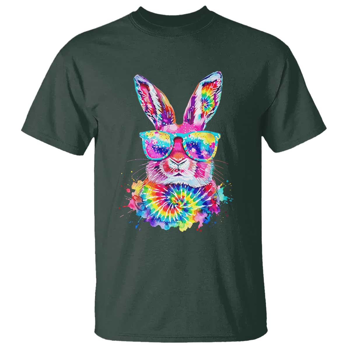 Colorful Tie Dye Bunny with Sunglasses T Shirt Cool Easter Rabbit Retro Hippie Vibe Graphic Gift TS02 Dark Forest Green Print Your Wear