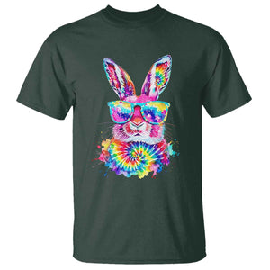 Colorful Tie Dye Bunny with Sunglasses T Shirt Cool Easter Rabbit Retro Hippie Vibe Graphic Gift TS02 Dark Forest Green Print Your Wear