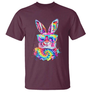Colorful Tie Dye Bunny with Sunglasses T Shirt Cool Easter Rabbit Retro Hippie Vibe Graphic Gift TS02 Maroon Print Your Wear