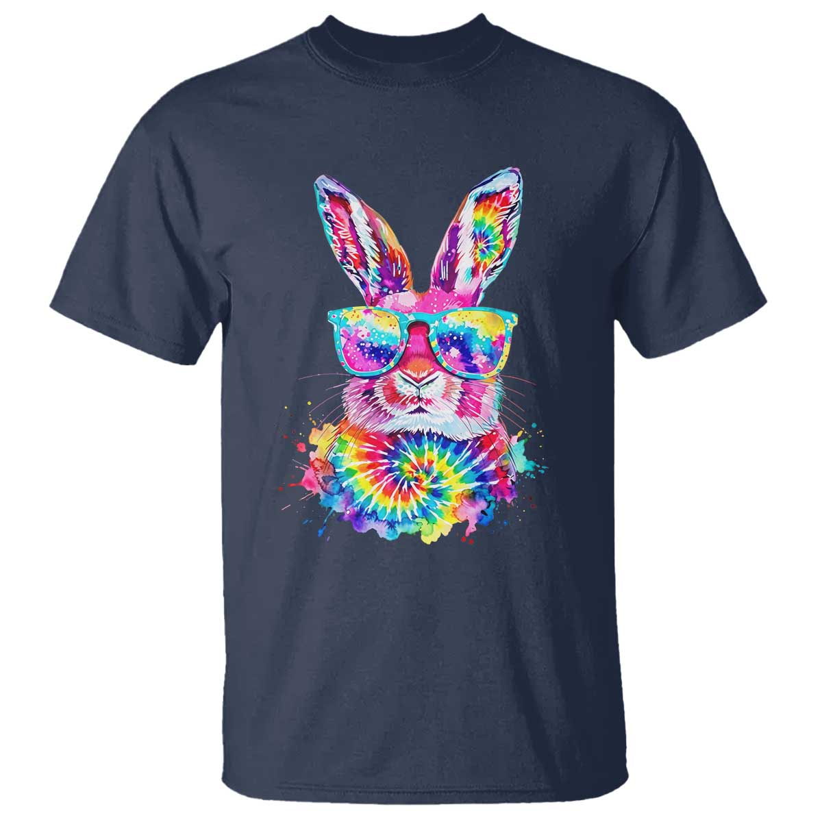 Colorful Tie Dye Bunny with Sunglasses T Shirt Cool Easter Rabbit Retro Hippie Vibe Graphic Gift TS02 Navy Print Your Wear
