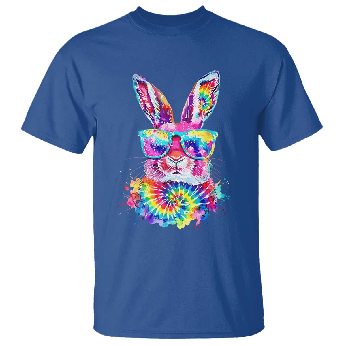 Colorful Tie Dye Bunny with Sunglasses T Shirt Cool Easter Rabbit Retro Hippie Vibe Graphic Gift TS02 Royal Blue Print Your Wear