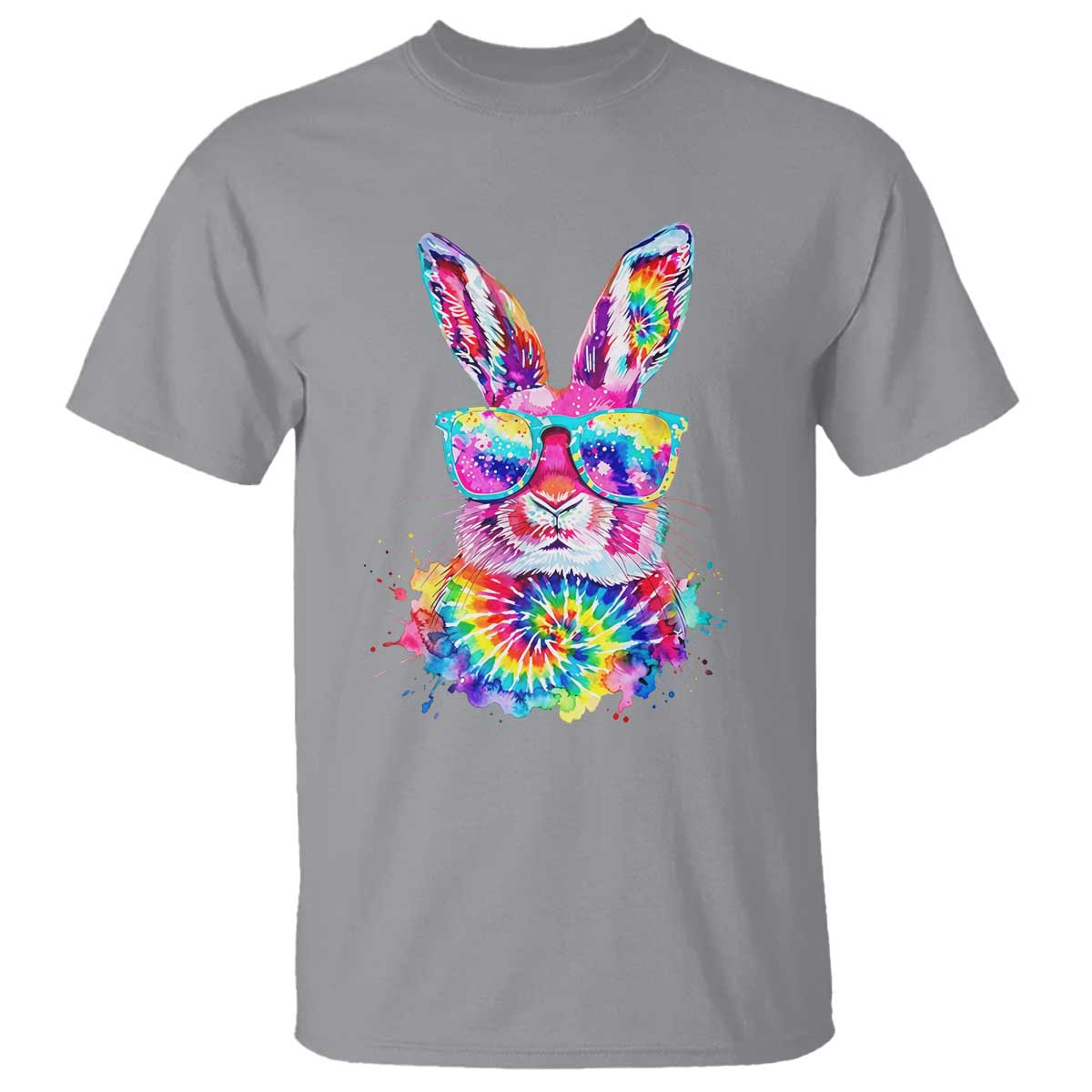 Colorful Tie Dye Bunny with Sunglasses T Shirt Cool Easter Rabbit Retro Hippie Vibe Graphic Gift TS02 Sport Gray Print Your Wear