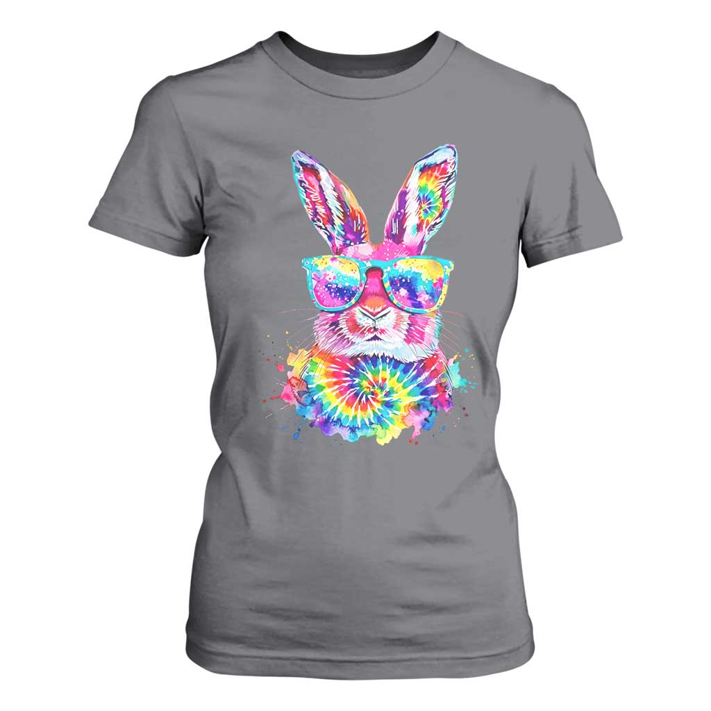 Colorful Tie Dye Bunny with Sunglasses T Shirt For Women Cool Easter Rabbit Retro Hippie Vibe Graphic Gift TS02 Charcoal Print Your Wear
