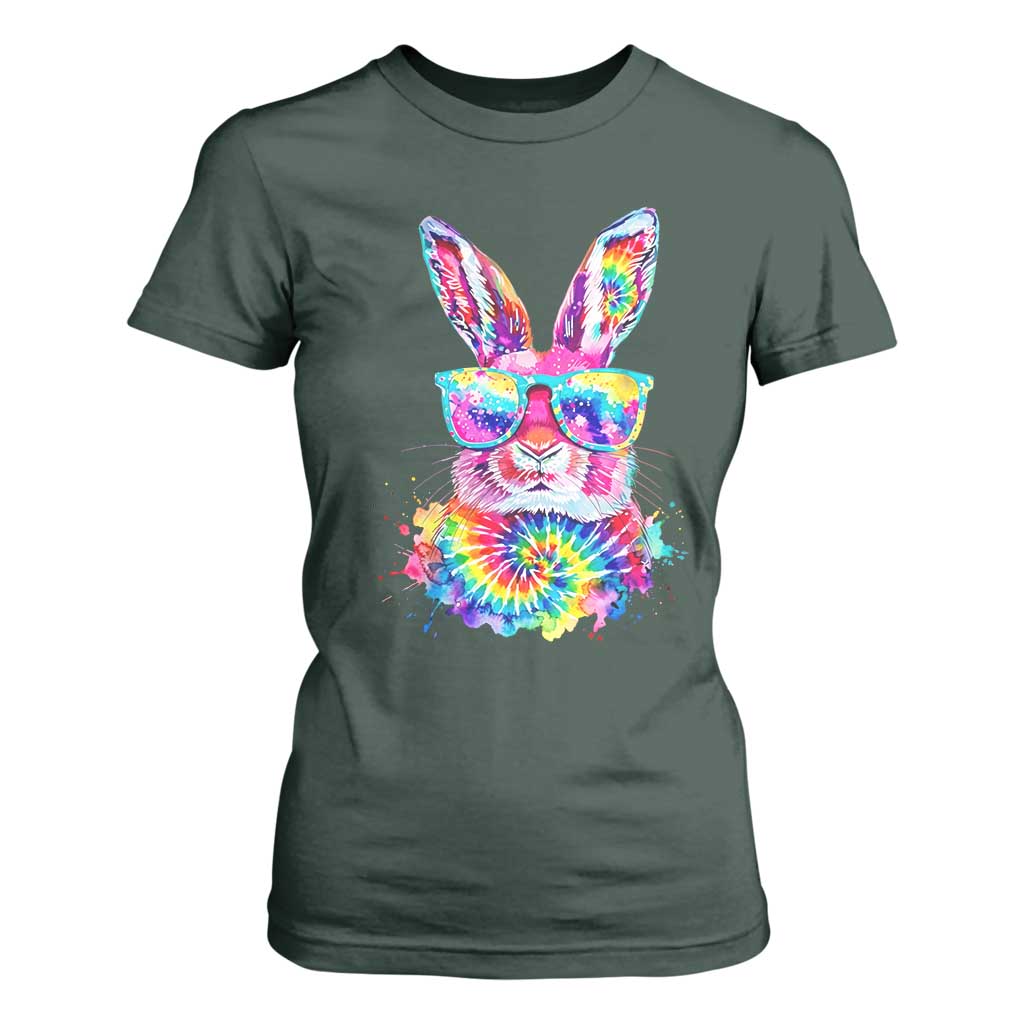Colorful Tie Dye Bunny with Sunglasses T Shirt For Women Cool Easter Rabbit Retro Hippie Vibe Graphic Gift TS02 Dark Forest Green Print Your Wear