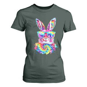 Colorful Tie Dye Bunny with Sunglasses T Shirt For Women Cool Easter Rabbit Retro Hippie Vibe Graphic Gift TS02 Dark Forest Green Print Your Wear