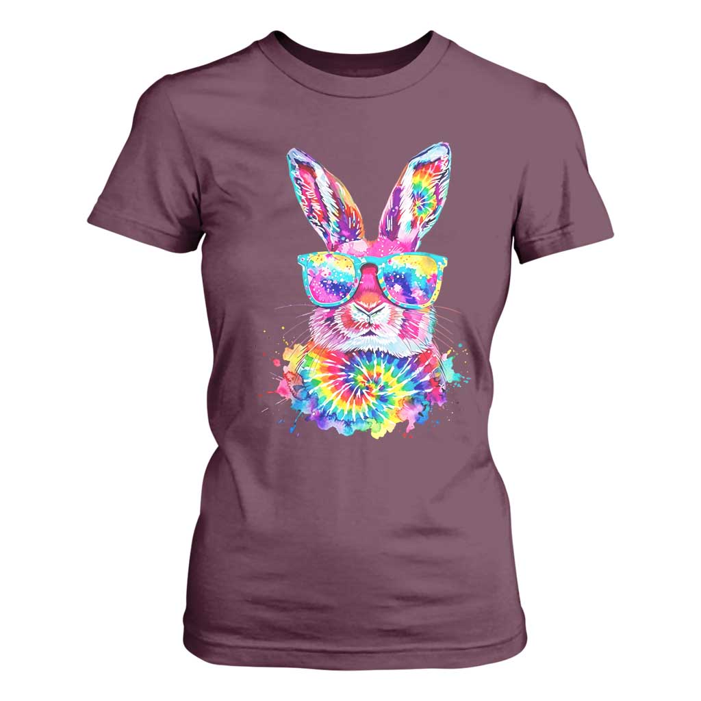 Colorful Tie Dye Bunny with Sunglasses T Shirt For Women Cool Easter Rabbit Retro Hippie Vibe Graphic Gift TS02 Maroon Print Your Wear
