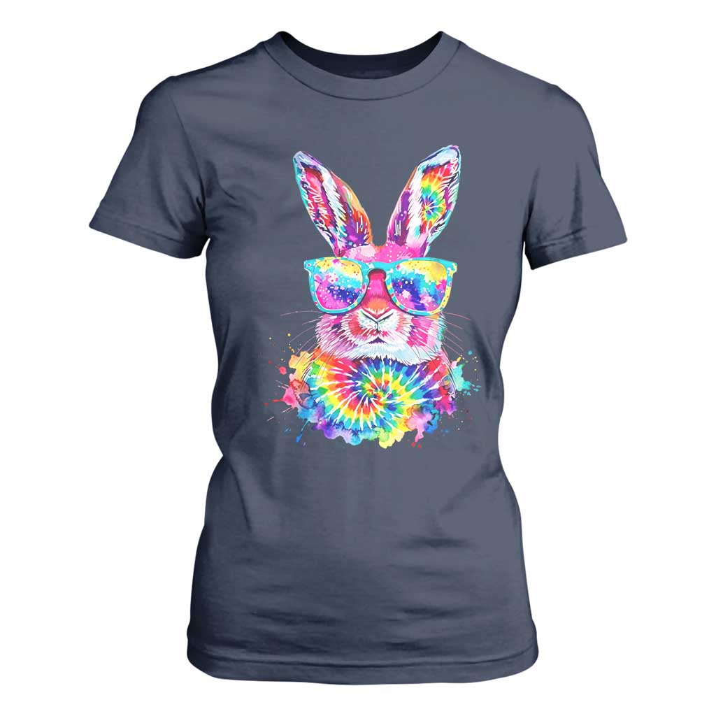 Colorful Tie Dye Bunny with Sunglasses T Shirt For Women Cool Easter Rabbit Retro Hippie Vibe Graphic Gift TS02 Navy Print Your Wear
