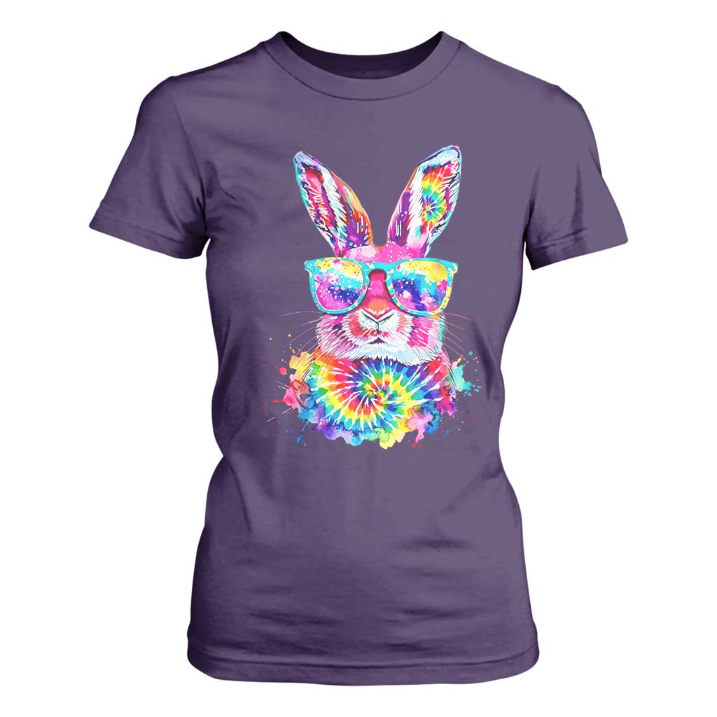 Colorful Tie Dye Bunny with Sunglasses T Shirt For Women Cool Easter Rabbit Retro Hippie Vibe Graphic Gift TS02 Purple Print Your Wear