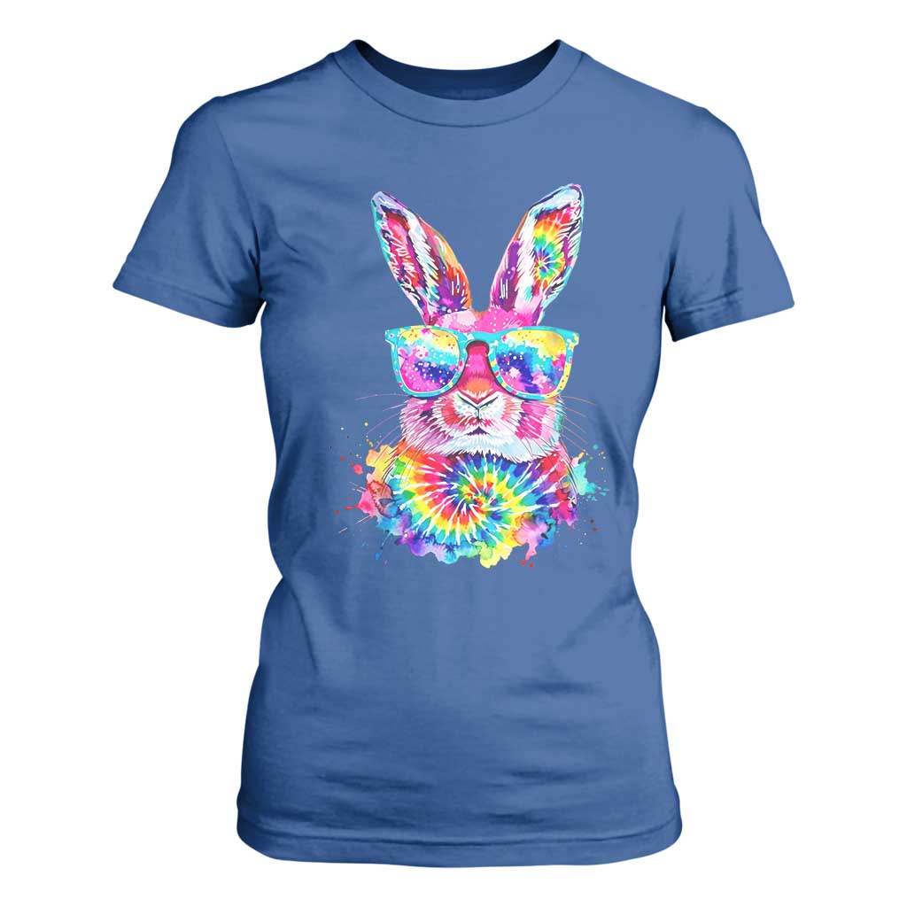 Colorful Tie Dye Bunny with Sunglasses T Shirt For Women Cool Easter Rabbit Retro Hippie Vibe Graphic Gift TS02 Royal Blue Print Your Wear