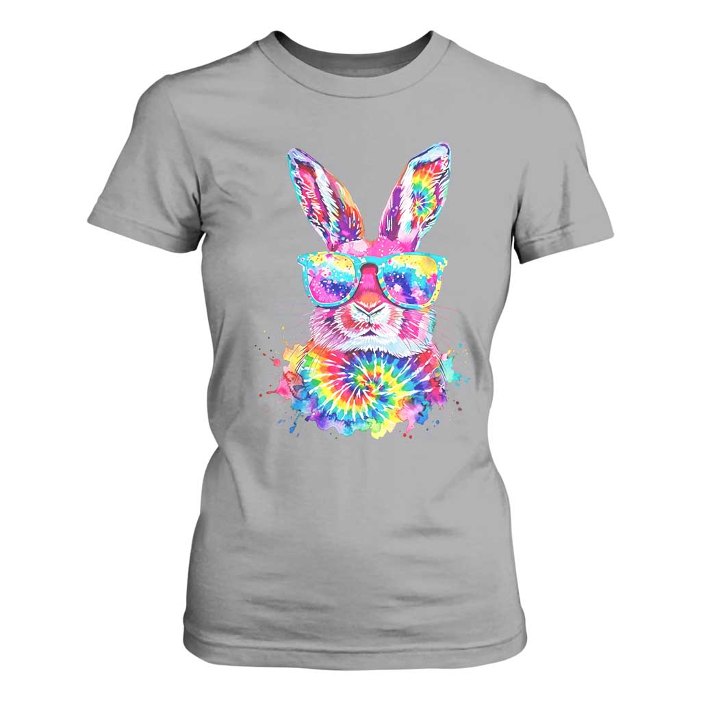 Colorful Tie Dye Bunny with Sunglasses T Shirt For Women Cool Easter Rabbit Retro Hippie Vibe Graphic Gift TS02 Sport Gray Print Your Wear
