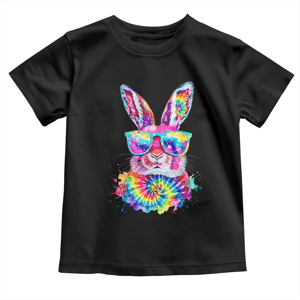 Colorful Tie Dye Bunny with Sunglasses Toddler T Shirt Cool Easter Rabbit Retro Hippie Vibe Graphic Gift TS02 Black Print Your Wear