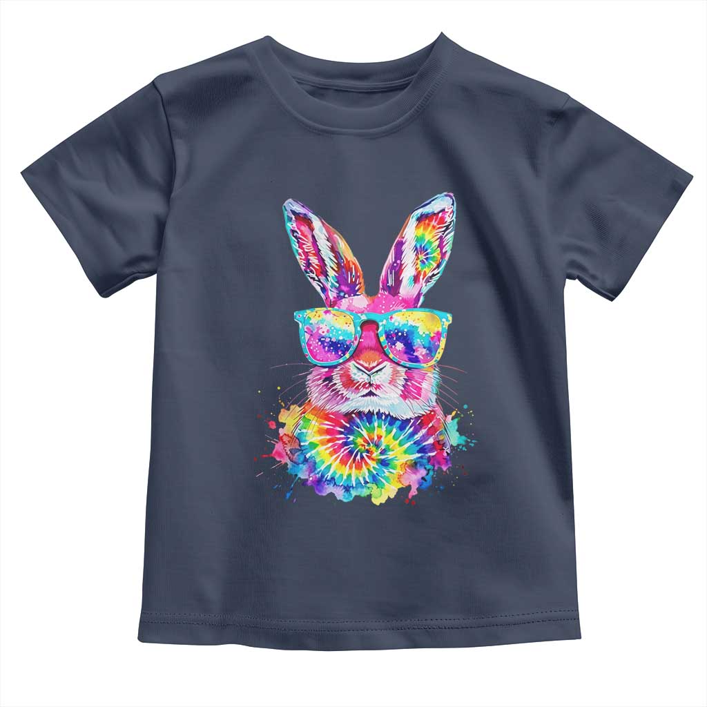 Colorful Tie Dye Bunny with Sunglasses Toddler T Shirt Cool Easter Rabbit Retro Hippie Vibe Graphic Gift TS02 Navy Print Your Wear