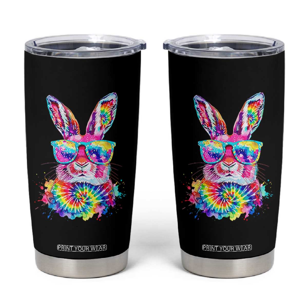 Colorful Tie Dye Bunny with Sunglasses Tumbler Cup Cool Easter Rabbit Retro Hippie Vibe Graphic Gift TS02 Black Print Your Wear