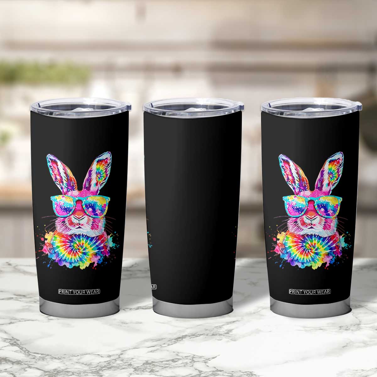 Colorful Tie Dye Bunny with Sunglasses Tumbler Cup Cool Easter Rabbit Retro Hippie Vibe Graphic Gift TS02 Print Your Wear