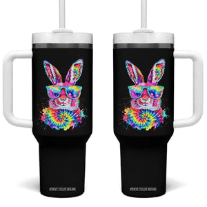 Colorful Tie Dye Bunny with Sunglasses Tumbler With Handle Cool Easter Rabbit Retro Hippie Vibe Graphic Gift TS02 One Size: 40 oz Black Print Your Wear
