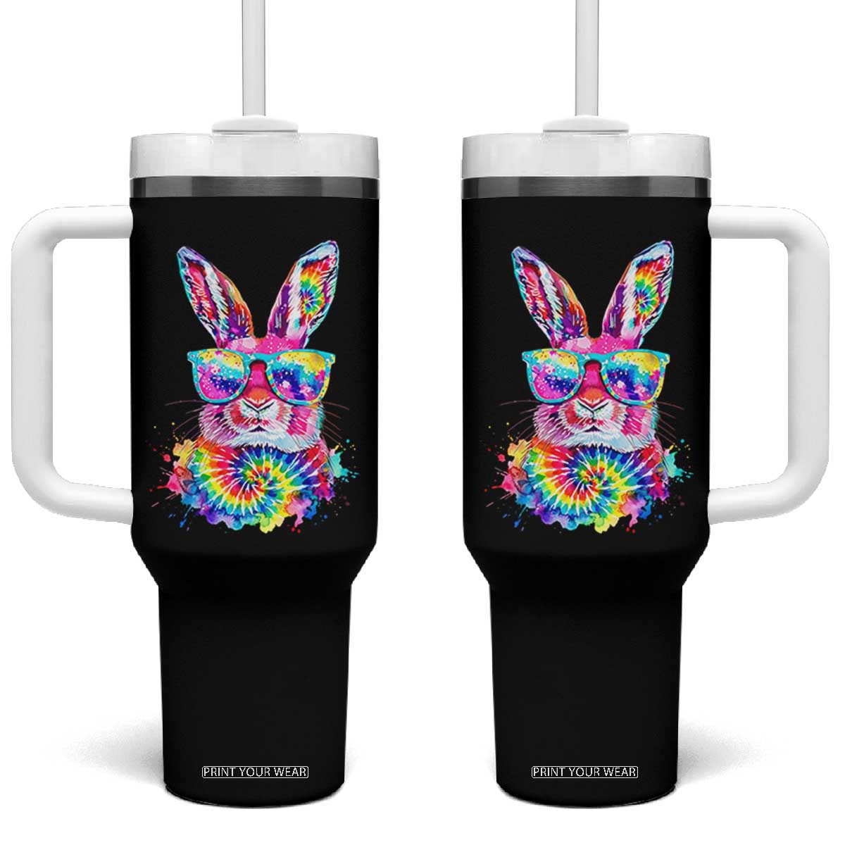 Colorful Tie Dye Bunny with Sunglasses Tumbler With Handle Cool Easter Rabbit Retro Hippie Vibe Graphic Gift TS02 One Size: 40 oz Black Print Your Wear
