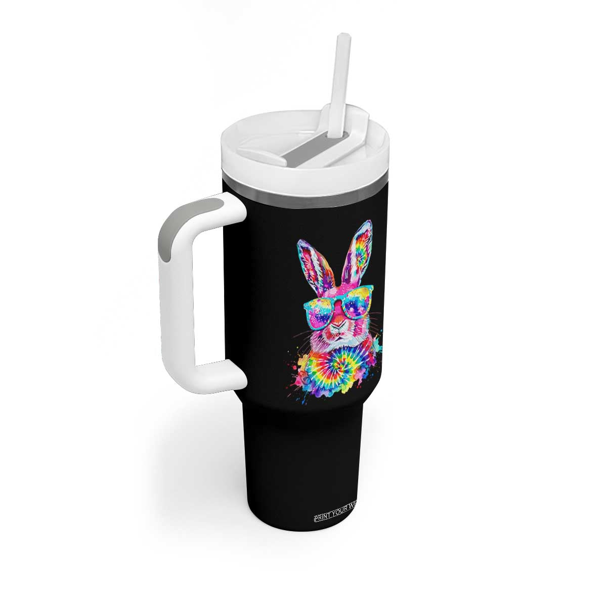 Colorful Tie Dye Bunny with Sunglasses Tumbler With Handle Cool Easter Rabbit Retro Hippie Vibe Graphic Gift TS02 Print Your Wear