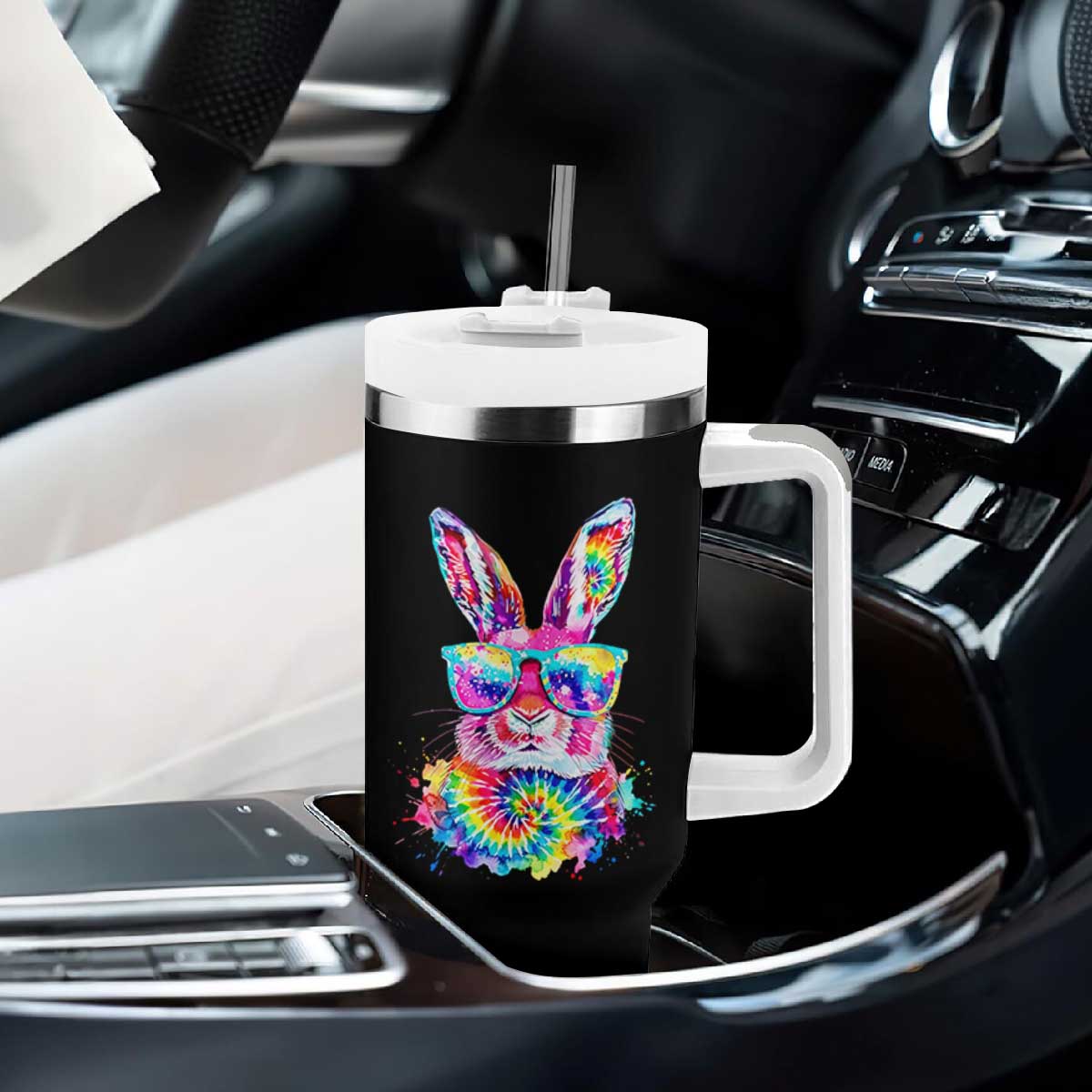 Colorful Tie Dye Bunny with Sunglasses Tumbler With Handle Cool Easter Rabbit Retro Hippie Vibe Graphic Gift TS02 Print Your Wear