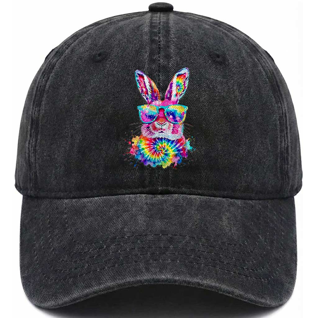 Colorful Tie Dye Bunny with Sunglasses Washed Cotton Baseball Cap Cool Easter Rabbit Retro Hippie Vibe Graphic Gift TS02 Print Your Wear