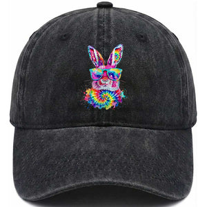 Colorful Tie Dye Bunny with Sunglasses Washed Cotton Baseball Cap Cool Easter Rabbit Retro Hippie Vibe Graphic Gift TS02 Print Your Wear