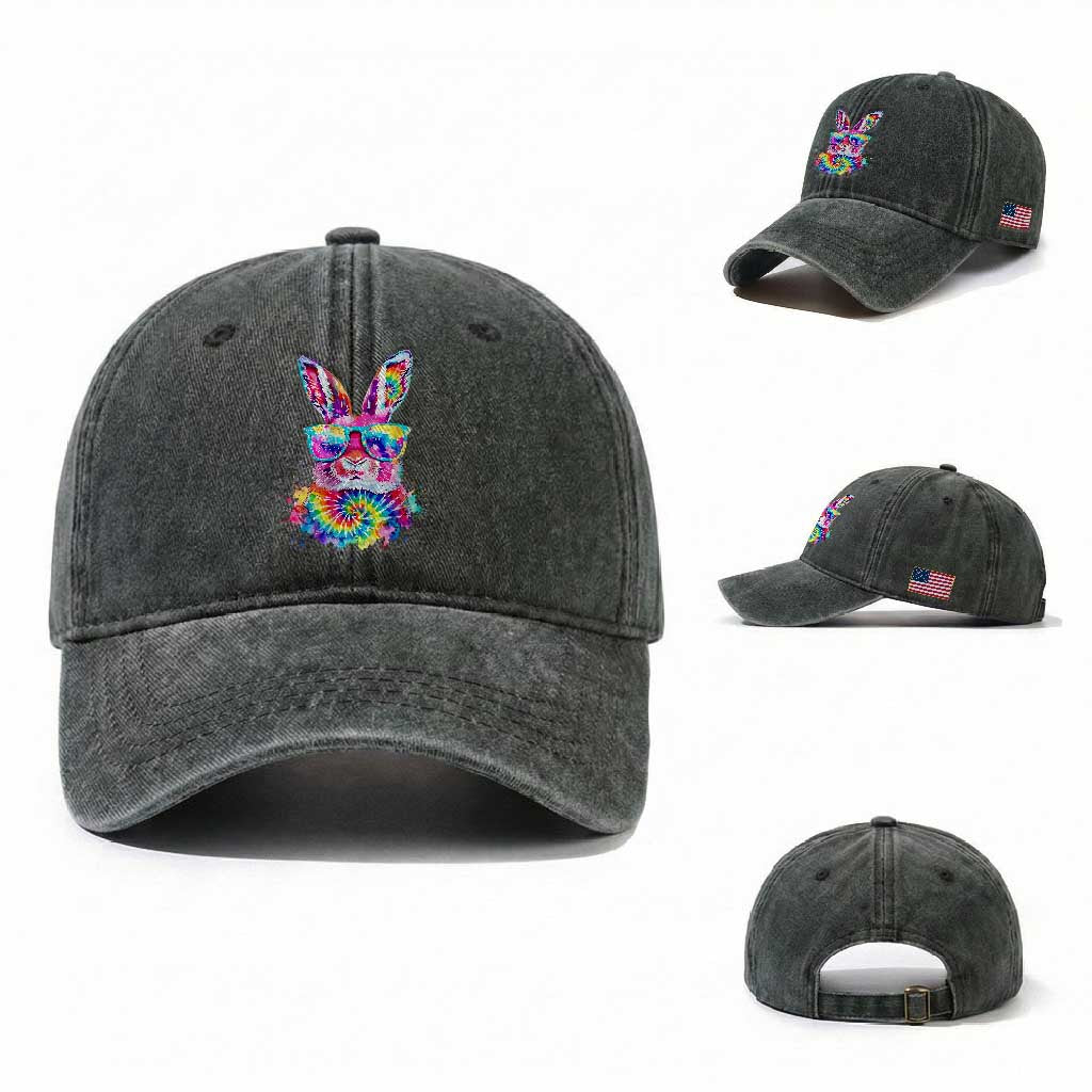 Colorful Tie Dye Bunny with Sunglasses Washed Cotton Baseball Cap Cool Easter Rabbit Retro Hippie Vibe Graphic Gift TS02 Washed Cap Universal Fit Dark Green Print Your Wear