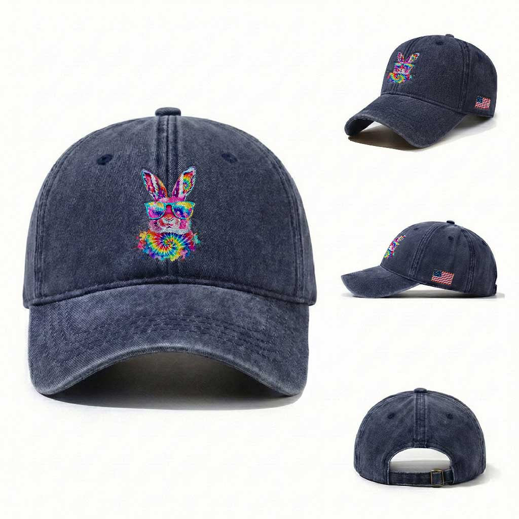 Colorful Tie Dye Bunny with Sunglasses Washed Cotton Baseball Cap Cool Easter Rabbit Retro Hippie Vibe Graphic Gift TS02 Washed Cap Universal Fit Navy Print Your Wear