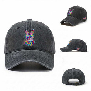 Colorful Tie Dye Bunny with Sunglasses Washed Cotton Baseball Cap Cool Easter Rabbit Retro Hippie Vibe Graphic Gift TS02 Washed Cap Universal Fit Dark Gray Print Your Wear