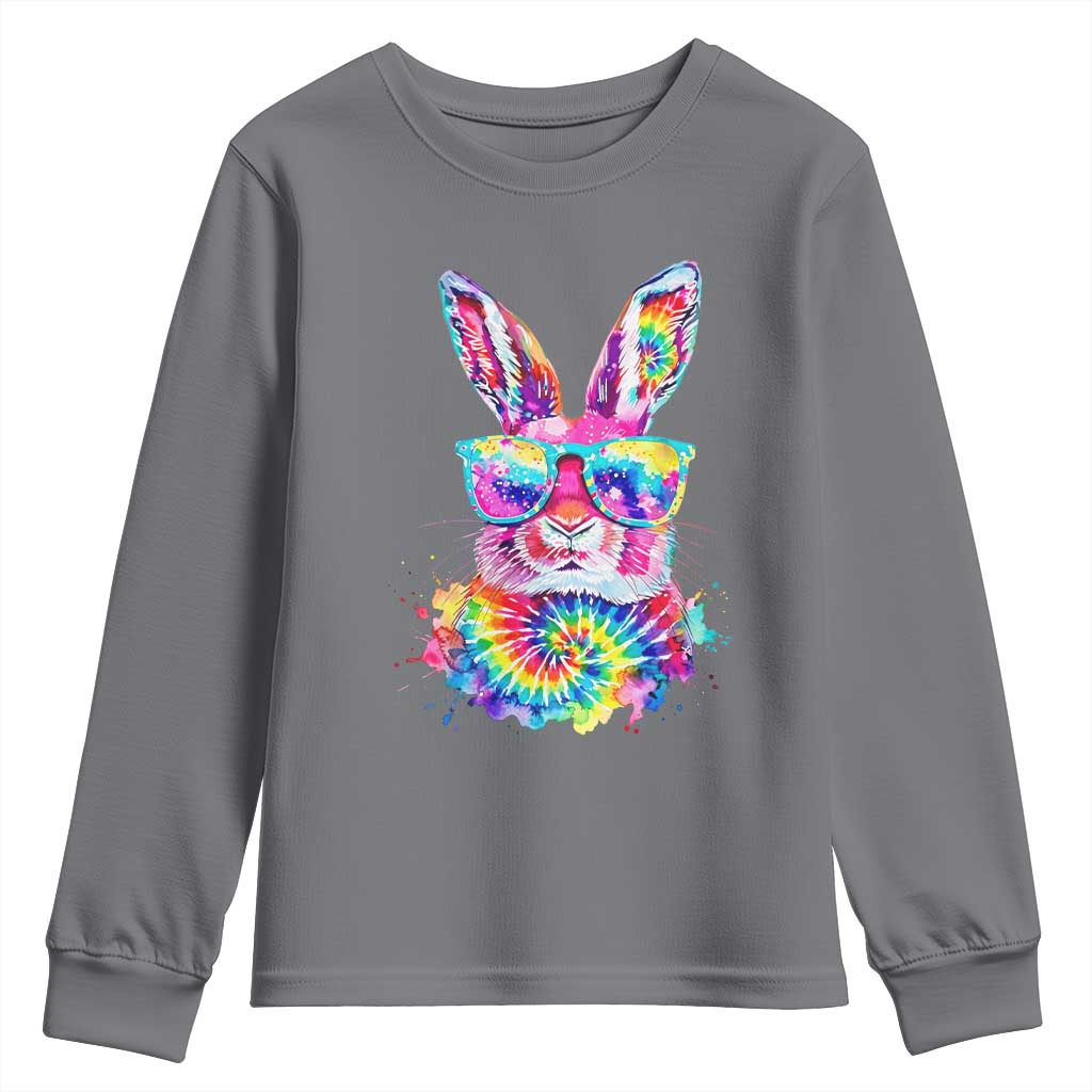 Colorful Tie Dye Bunny with Sunglasses Youth Sweatshirt Cool Easter Rabbit Retro Hippie Vibe Graphic Gift TS02 Charcoal Print Your Wear