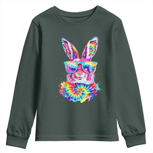 Colorful Tie Dye Bunny with Sunglasses Youth Sweatshirt Cool Easter Rabbit Retro Hippie Vibe Graphic Gift TS02 Dark Forest Green Print Your Wear